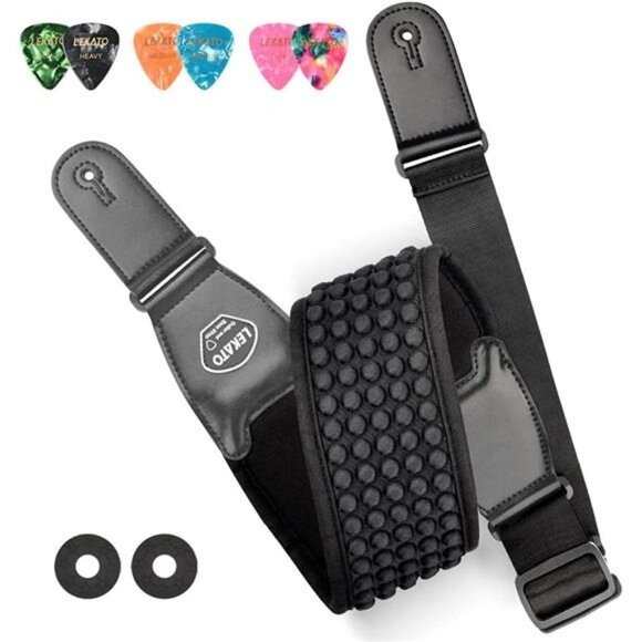 Wide Padded Bass Guitar Strap Adjustable Neoprene Shoulder Strap Locks Picks - Picture 1 of 7
